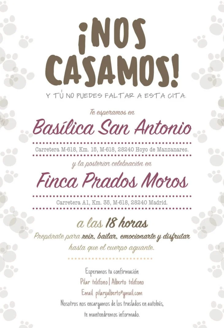 Invitación Boda Perritos y Huellas