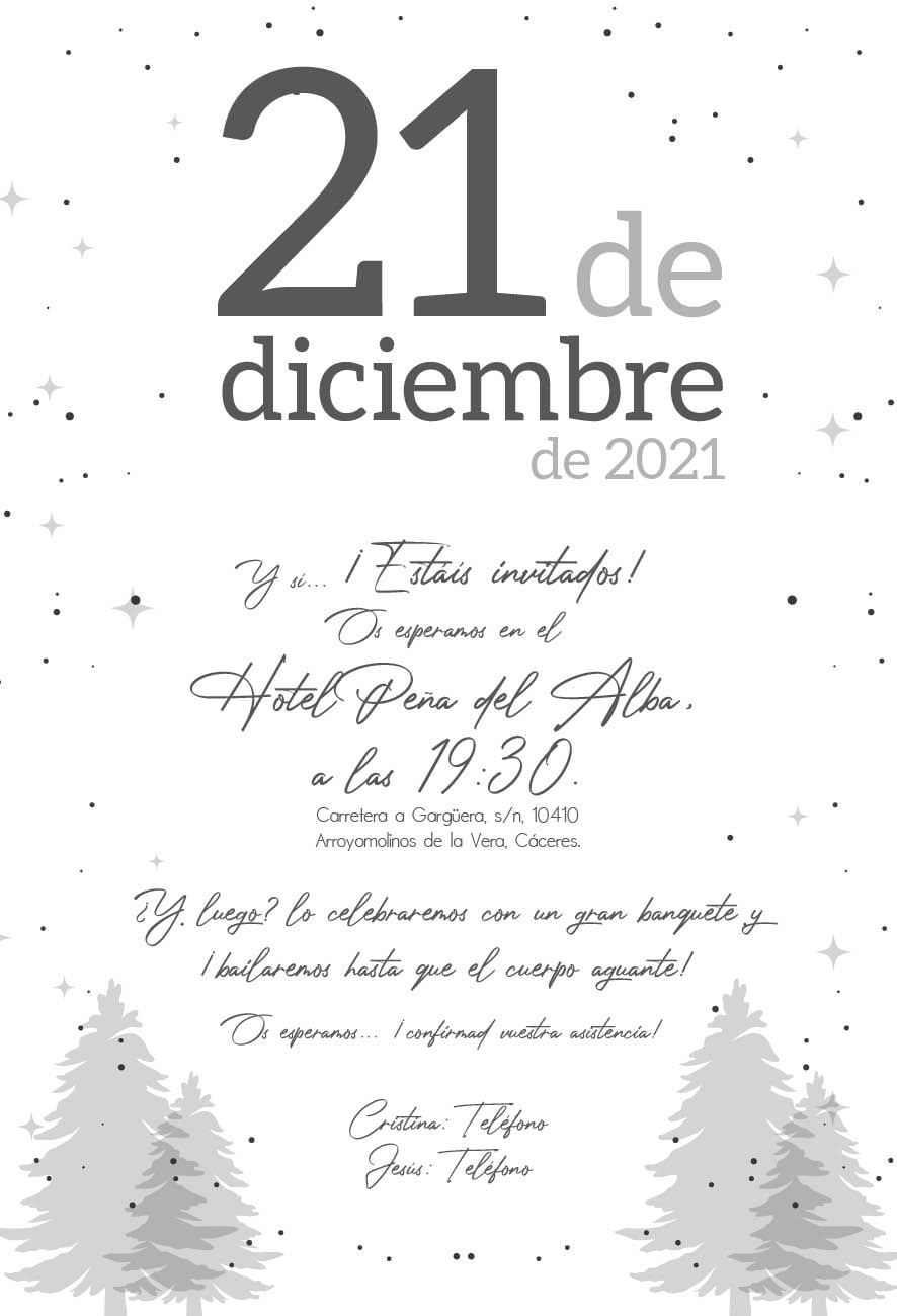 Invitación Boda Navidad Abetos y Copos