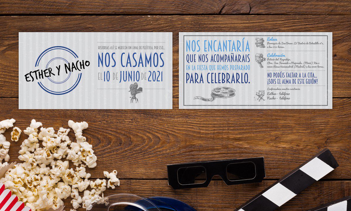 Invitaciones Boda Cine Vintage Azul