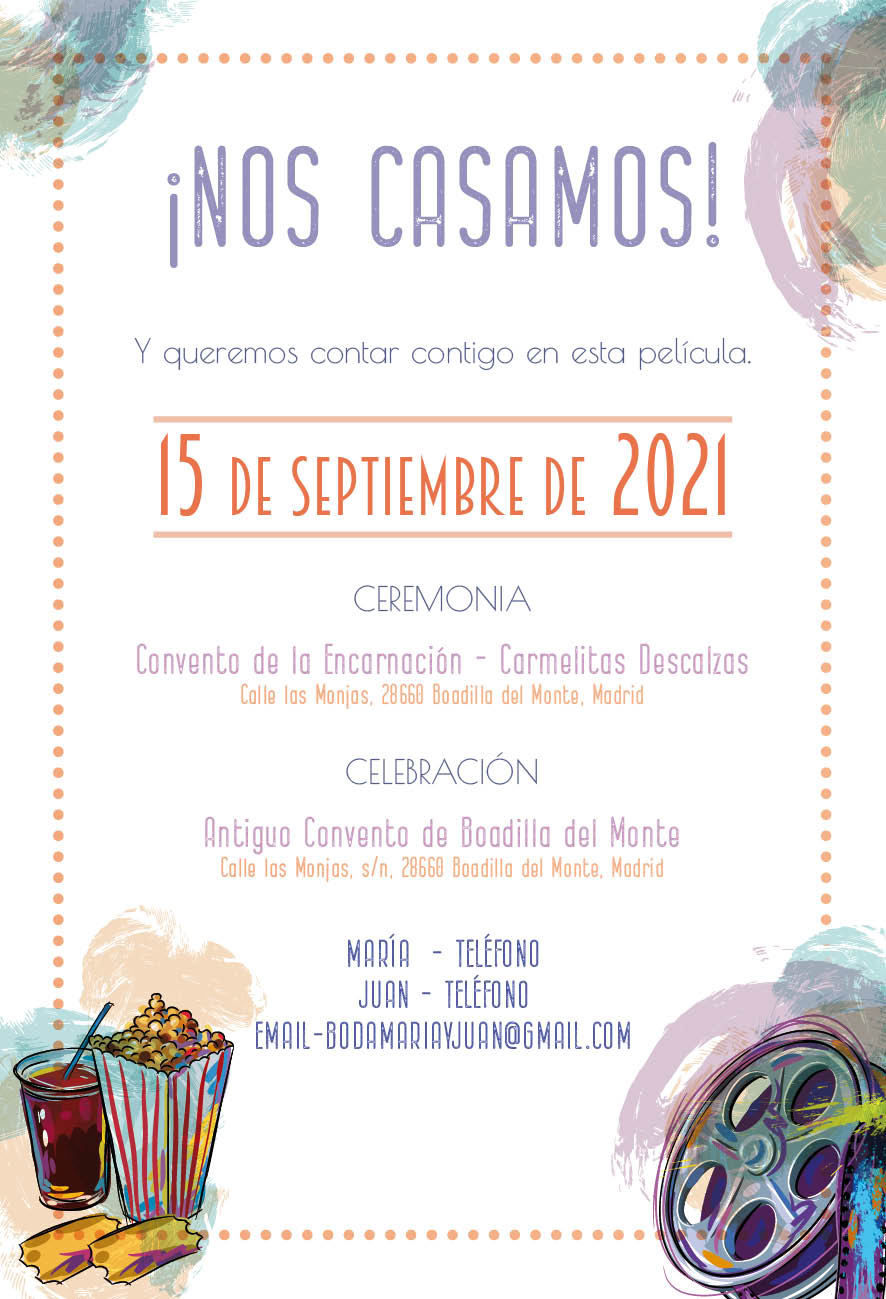 Invitaciones Boda Cine Acuarela Modernas